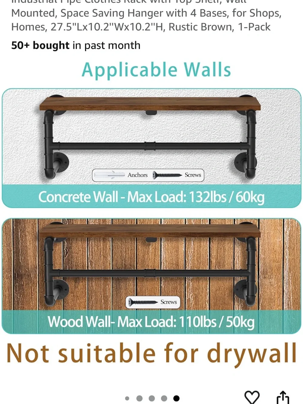 NEW Industrial Pipe Wall-Mounted Black Metal & Wood Shelf